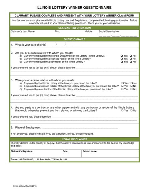 ILLINOIS LOTTERY WINNER CLAIM FORM .